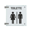 Fahnenschilder Toiletten mit Piktogramm und Text, 2 Scheiben mit Glasverbinder
