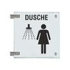 Fahnenschild Piktogramm Dusche Damen und Text, 2 Scheiben mit Glasverbinder