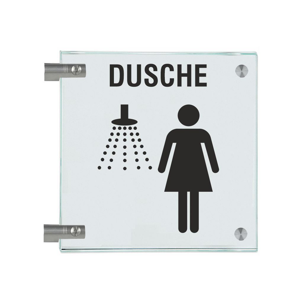 Fahnenschilder Piktogramm Dusche Damen und Text, 2 Scheiben mit 