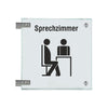 Fahnenschilder Sprechzimmer Piktogramm und Text, 2 Scheiben mit Glasverbinder