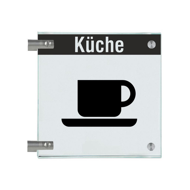Fahnenschild Küche mit Balken, 2 Scheiben mit Glasverbinder 