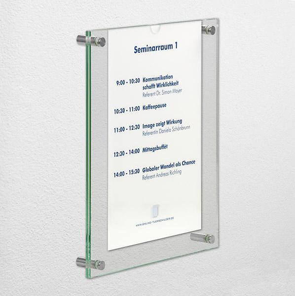 Infoträger aus Glas mit einer Fingermulde Infoträger aus Glas und Edelstahl  A4 hoch 