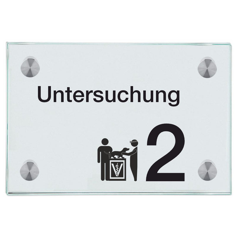 Praxisschild aus Glas Untersuchung 2 mit 2/4 Haltern Praxisschild aus 5