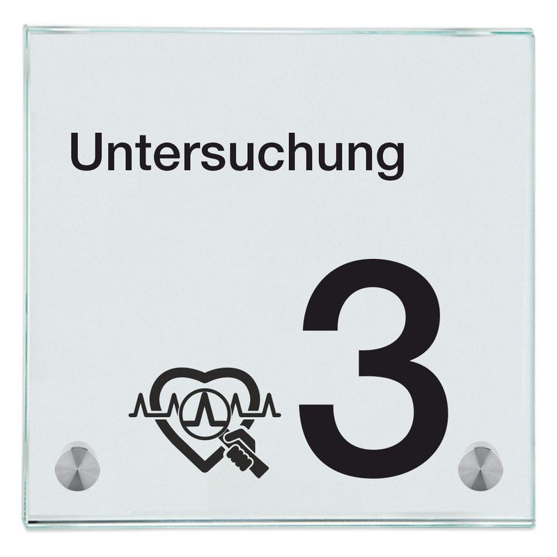 Praxisschild aus Glas Untersuchung 3 mit 2/4 Haltern Praxisschild aus 12