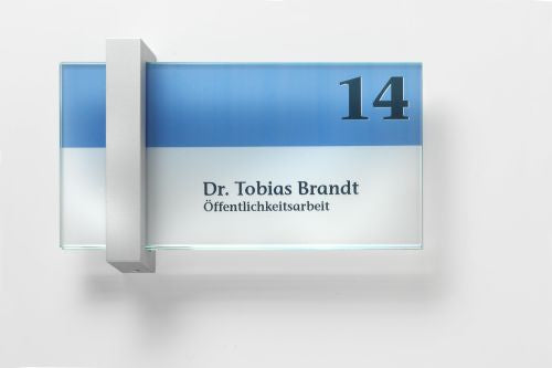 Elegante Wegweiser / Türschilder Veddel - Scheiben aus ESG, Halter aus Aluminium Etagenwegweiser Büro Veddel - Wegweiser Online - Türschilder, Türschilder vom Profi. 