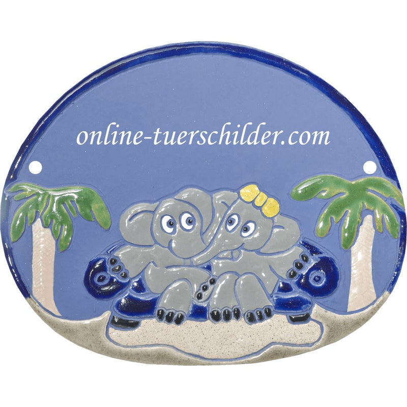 Türschild aus Keramik Zwei Elefanten personalisiert Keramikschild online-tuerschilder.com Hellblau 