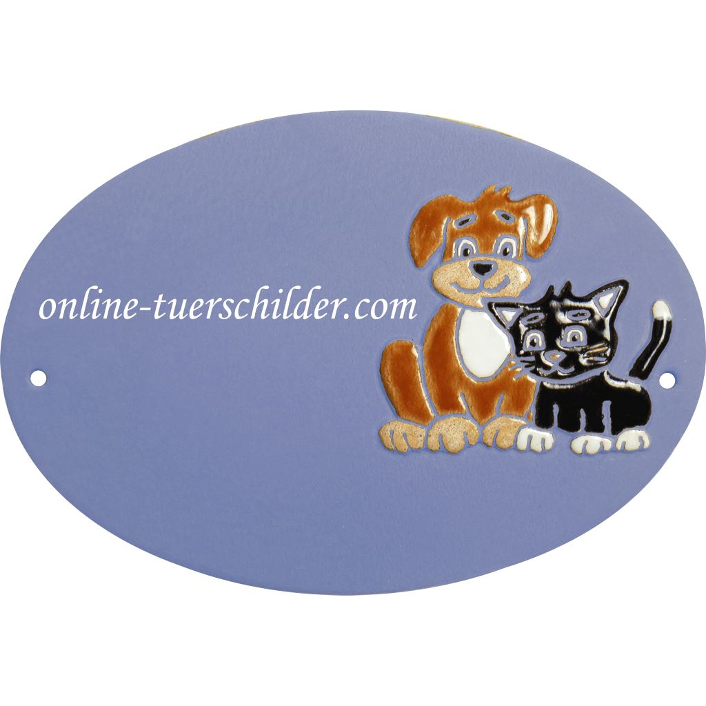 Türschild aus Keramik Hund und Katze personalisiert Türschild Keramik  Hellblau 