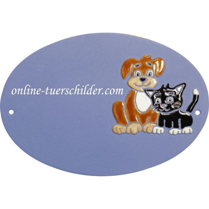 Türschild aus Keramik Hund und Katze personalisiert Türschild Keramik  Hellblau 