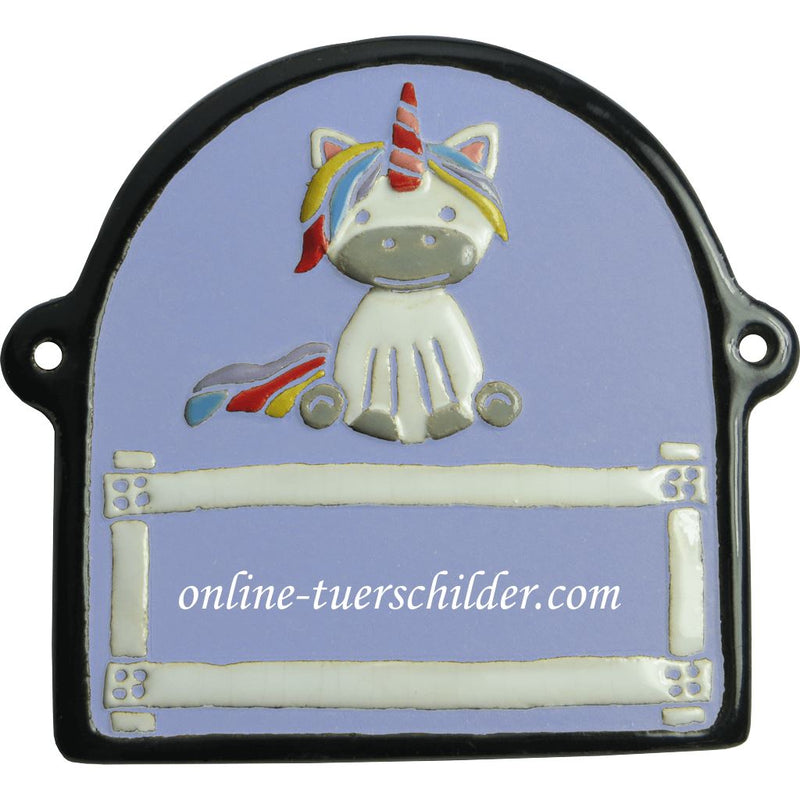 Türschild aus Keramik Einhorn, schwarzer Rand personalisiert Türschild Keramik Einhorn -Hellblau 