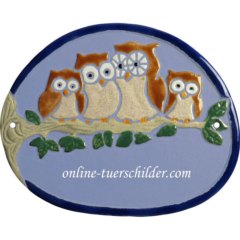 Türschild aus Keramik Vier braune Eulen auf Ast personalisiert Türschild  Hellblau 