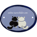 Türschild aus Keramik Schwarz weißes Katzenpaar personalisiert Türschild  Hellblau 