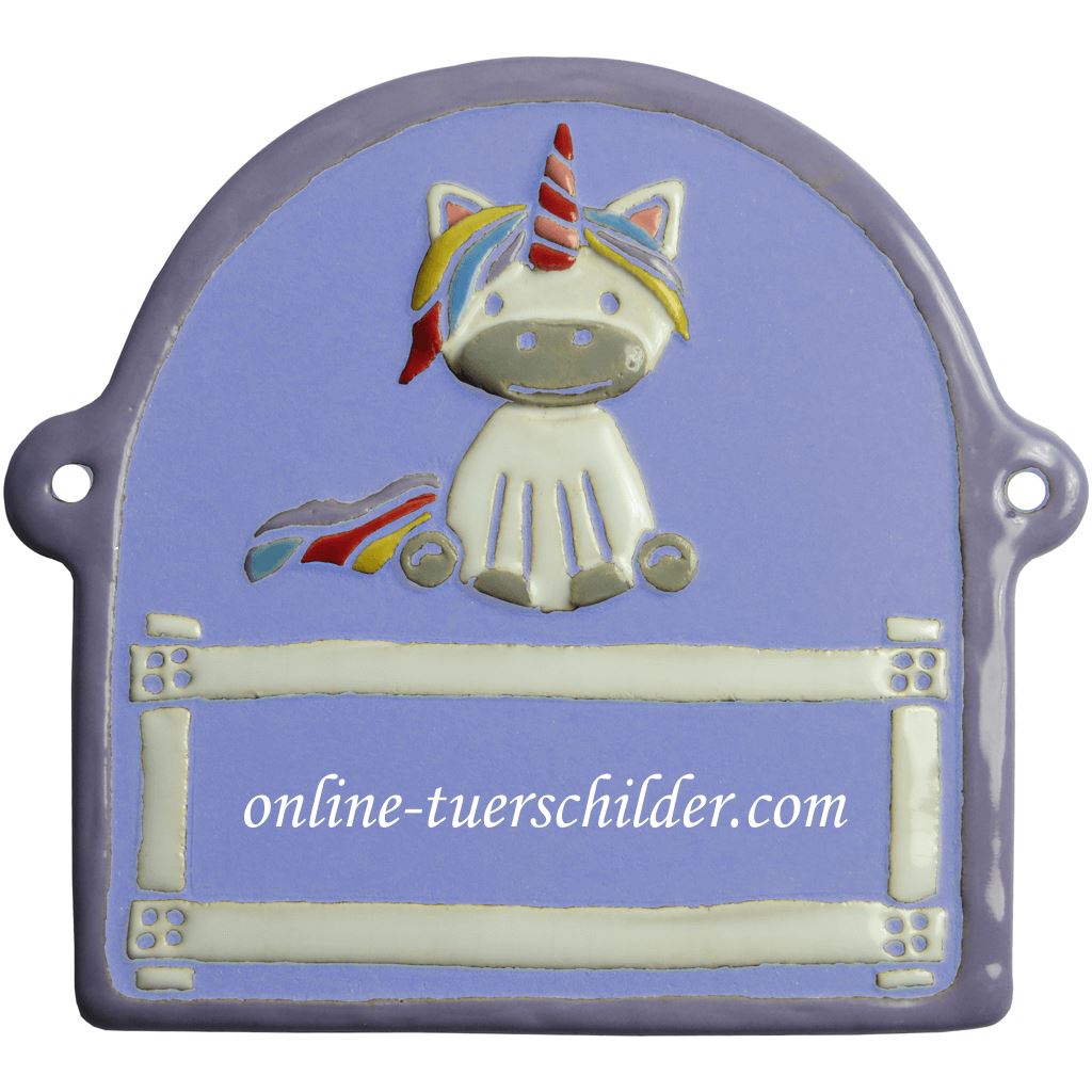 Türschild aus Keramik Einhorn,violetter Rand personalisiert Türschild Keramik Einhorn - Hellblau 