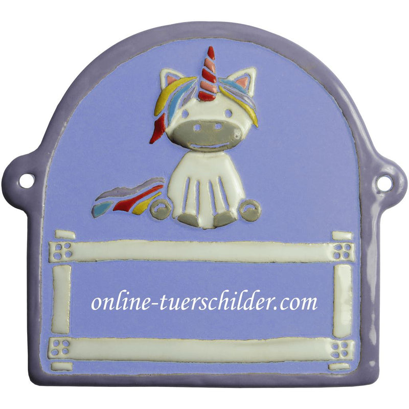 Türschild aus Keramik Einhorn,violetter Rand personalisiert Türschild Keramik Einhorn - Hellblau 