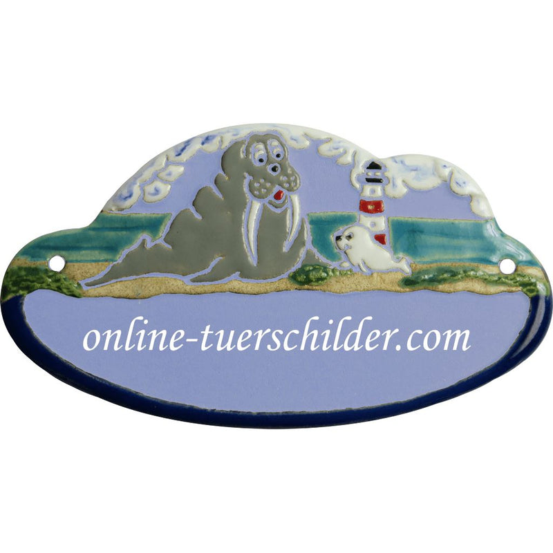 Türschild aus Keramik Großes Walroß mit kleiner Robbe personalisiert  Hellblau 