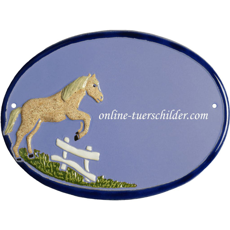 Türschild aus Keramik Pferd über Zaun personalisiert online-tuerschilder.com Hellblau 