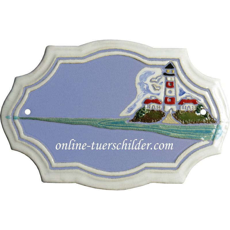 Türschild aus Keramik Motiv Rot-weißer Leuchturm personalisiert  Hellblau 