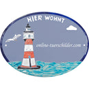 Türschild aus Keramik Leuchtturm und "Hier wohnt" personalisiert Hellblau 