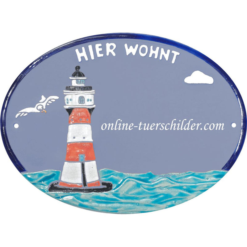 Türschild aus Keramik Leuchtturm und "Hier wohnt" personalisiert Hellblau 