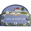 Familienschild aus Keramik Vier Gänse vor einem Haus Größe 23,5 x 17,5 cm (BxH) personalisiert