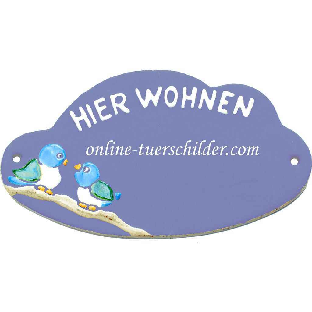 Türschild aus Keramik Zwei Vögelchen und Hier Wohnen personalisiert  Hellblau 