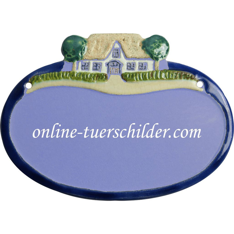Türschild aus Keramik Bauernhaus mit Bäumen personalisiert Keramikschild  Hellblau 