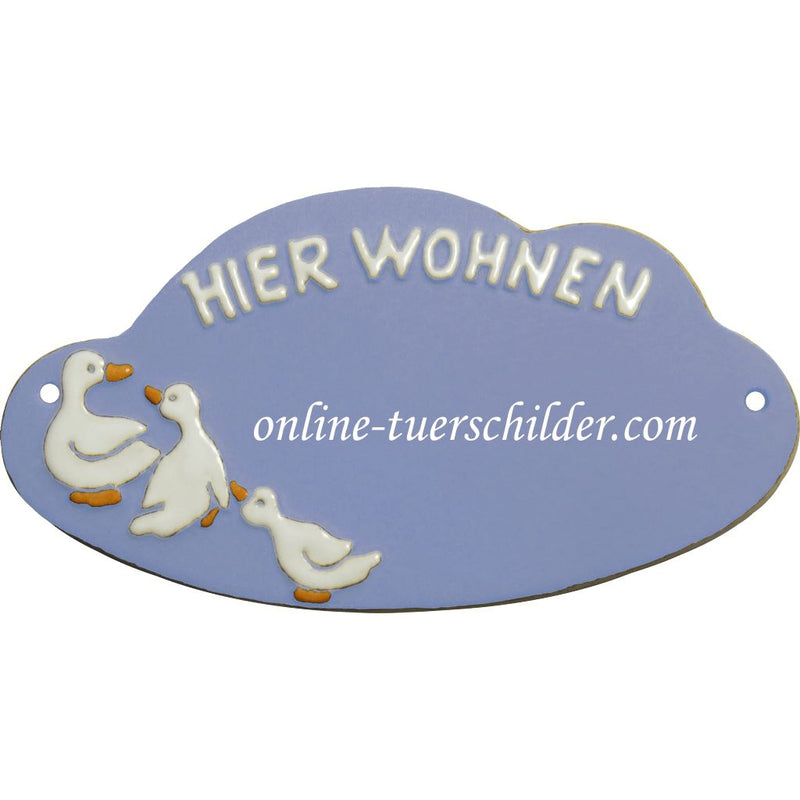 Türschild aus Keramik Drei Gänse und Hier Wohnen personalisiert hellblau