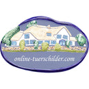 Türschild aus Keramik Bauernhaus mit Dach personalisiert Keramikschild Hellblau 