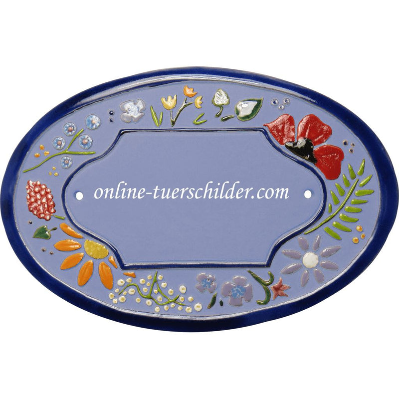 Türschild aus Keramik Wildblütendekor personalisiert  Hellblau 