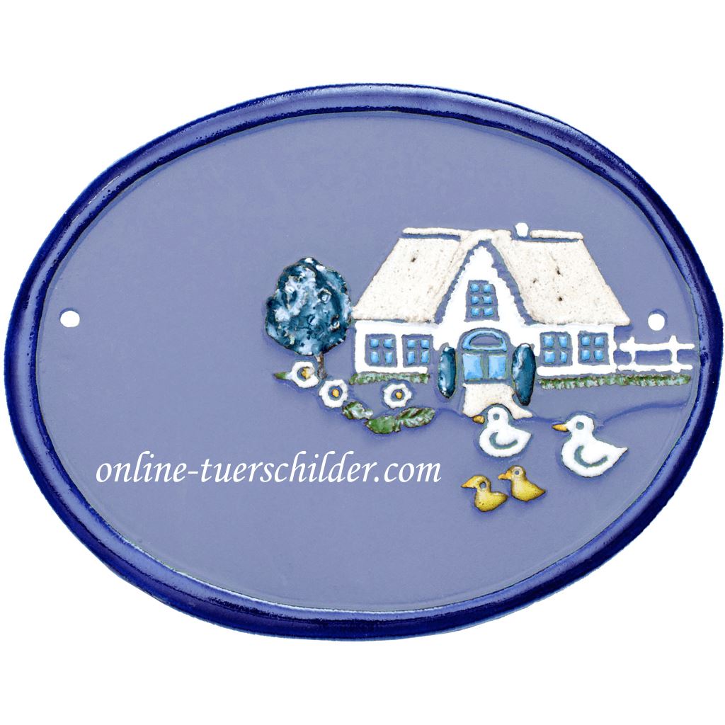 Türschild aus Keramik Bauernhaus mit Enten personalisiert Keramikschild Hellblau 