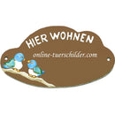Türschild aus Keramik Zwei Vögelchen und Hier Wohnen personalisiert  Braun 