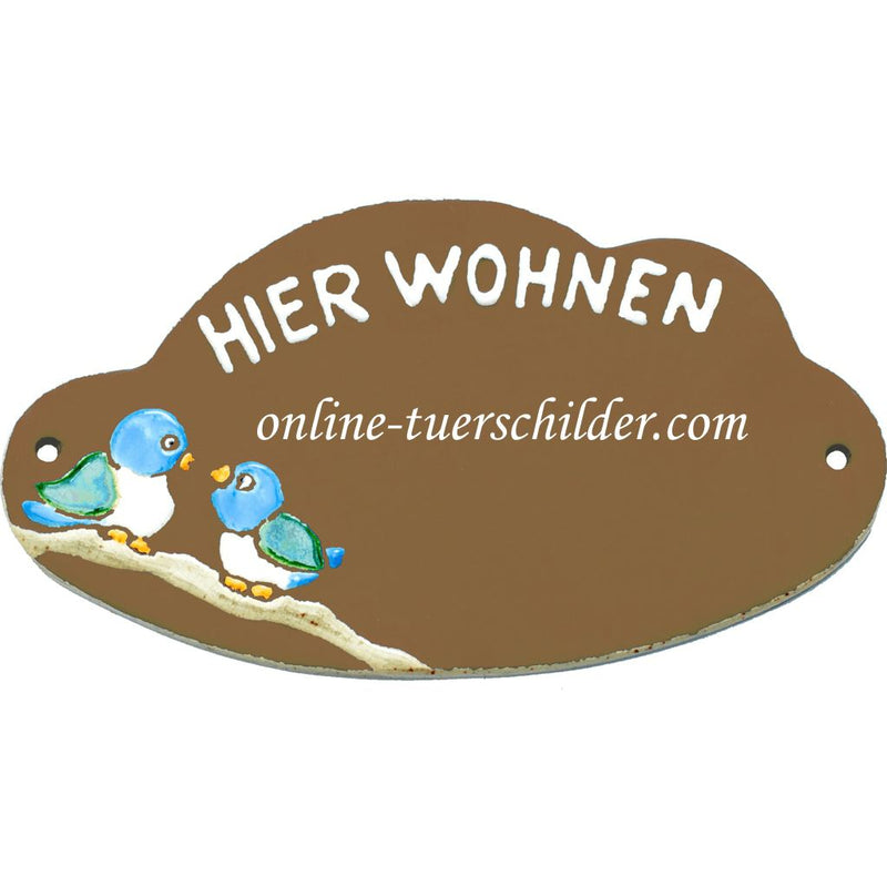 Türschild aus Keramik Zwei Vögelchen und Hier Wohnen personalisiert  Braun 