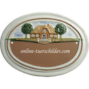 Türschild aus Keramik Motiv Haus mit Gartentor und Mauer mit Ihrem  Braun 
