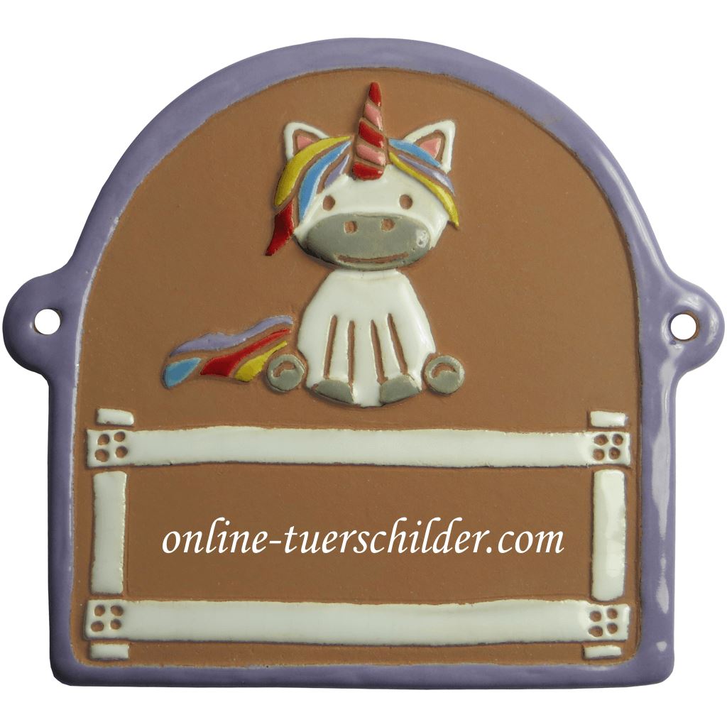 Türschild aus Keramik Einhorn,violetter Rand personalisiert Türschild Keramik Einhorn - Braun 