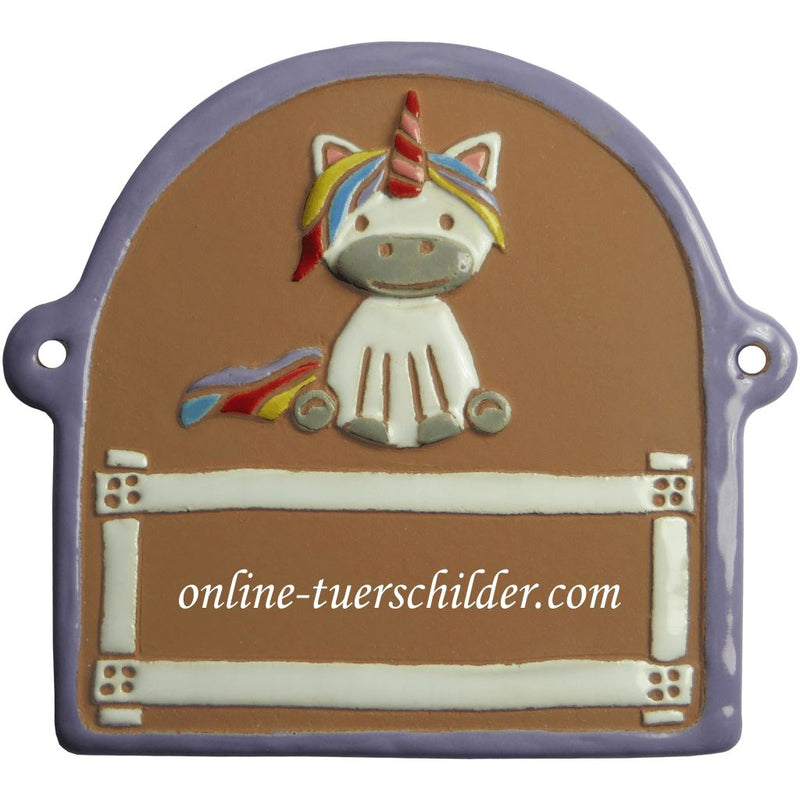 Türschild aus Keramik Einhorn,violetter Rand personalisiert Türschild Keramik Einhorn - Braun 