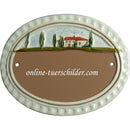 Türschild aus Keramik Motiv Zypressen und Haus mit Ihrem Wunschtext  Braun 