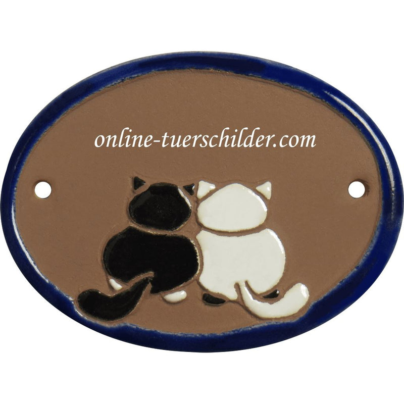 Türschild aus Keramik Schwarz weißes Katzenpaar personalisiert Türschild  Braun 