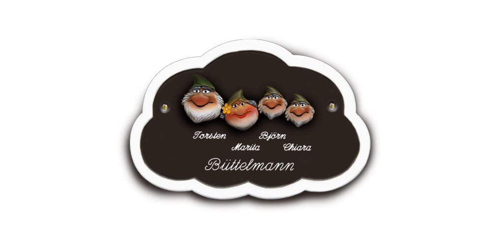 Familientürschild aus Keramik 3-4 Familienmitglieder Zwerg Wolke Familientürschild aus Keramik Zwerg Wolke online-tuerschilder.com 4 Personen Braun 