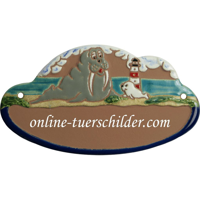 Türschild aus Keramik Großes Walroß mit kleiner Robbe personalisiert  Braun 