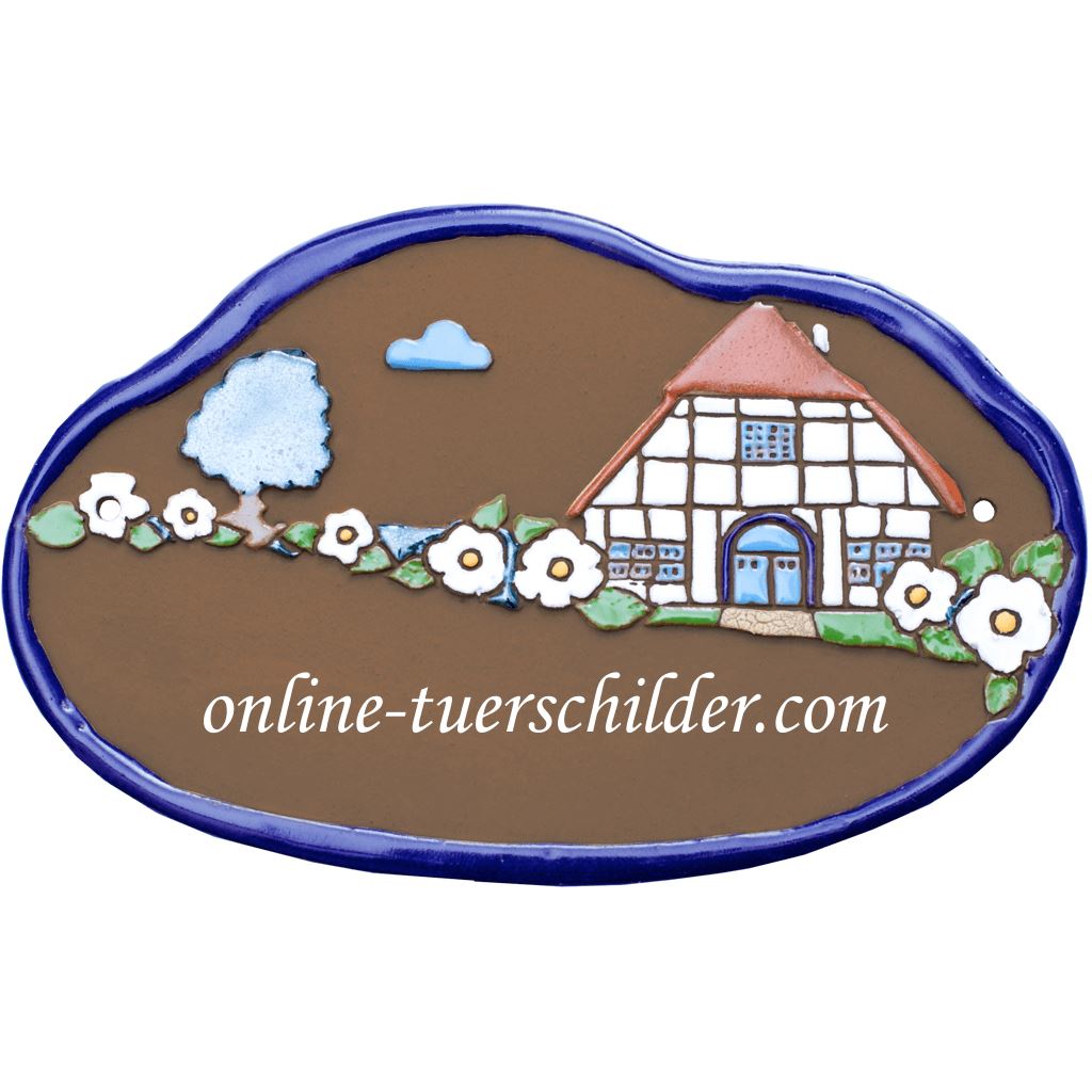 Türschild aus Keramik Fachwerkhaus personalisiert Keramikschild online-tuerschilder.com Braun 
