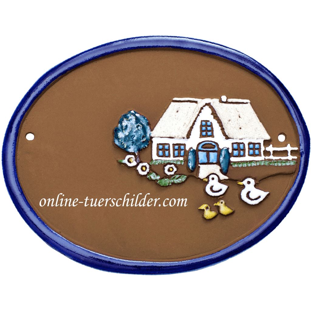 Türschild aus Keramik Bauernhaus mit Enten personalisiert Keramikschild  Braun 