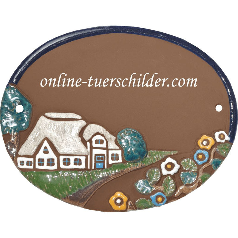 Türschild aus Keramik Reetdachhaus mit Bäumen personalisiert Keramikschild  Braun 