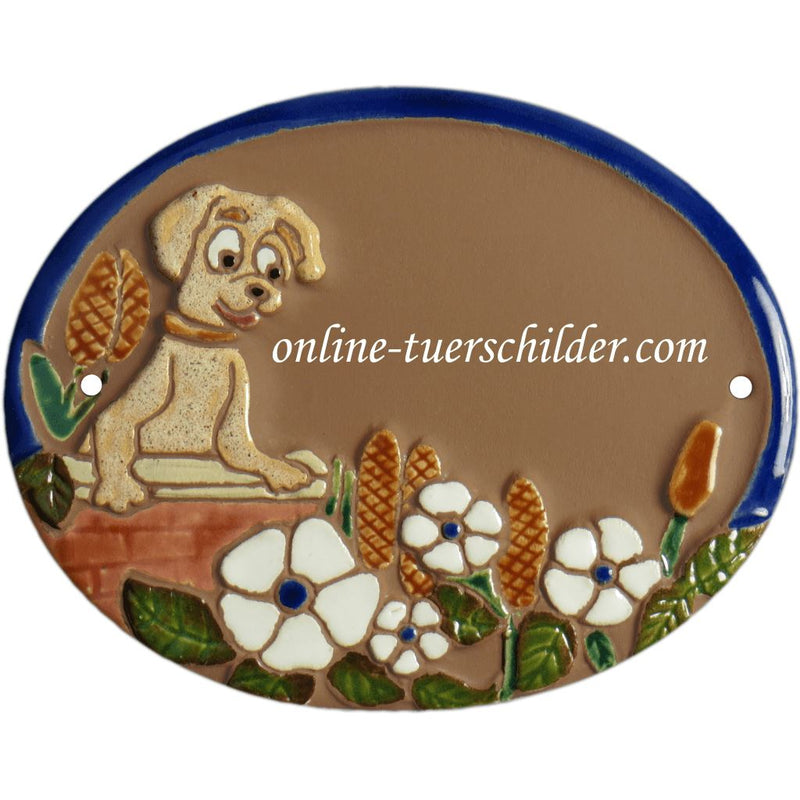 Türschild aus Keramik Hund und Mauer Braun 