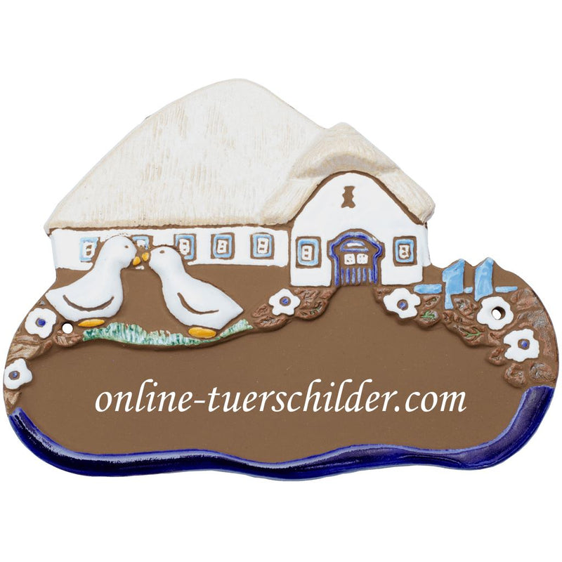 Türschild aus Keramik Gänse vor Bauernhaus personalisiert Keramikschild  Braun 
