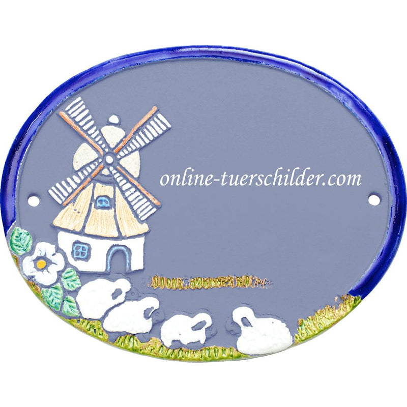 Türschild aus Keramik Windmühle und vier Schafe 1