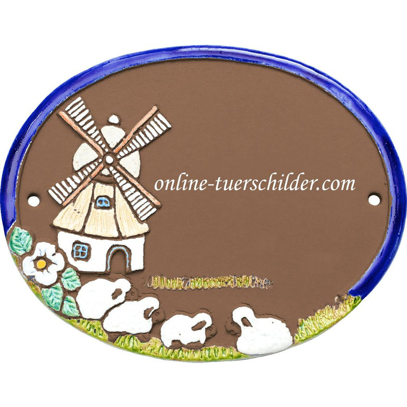 Türschild aus Keramik Windmühle und vier Schafe 2