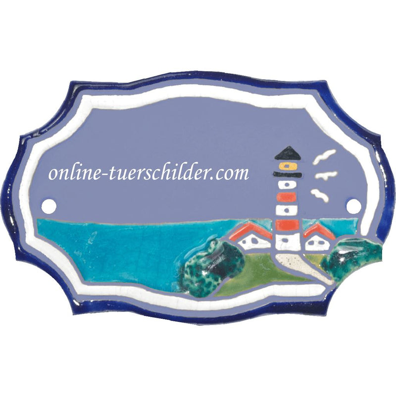 Türschild aus Keramik Kleiner Leuchtturm personalisiert Keramikschild  Hellblau 