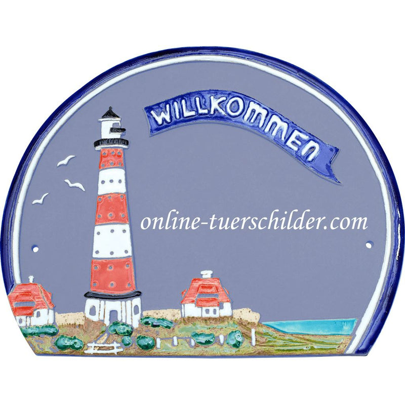 Türschild aus Keramik Großer Leuchtturm und Willkommen personalisiert  Hellblau 