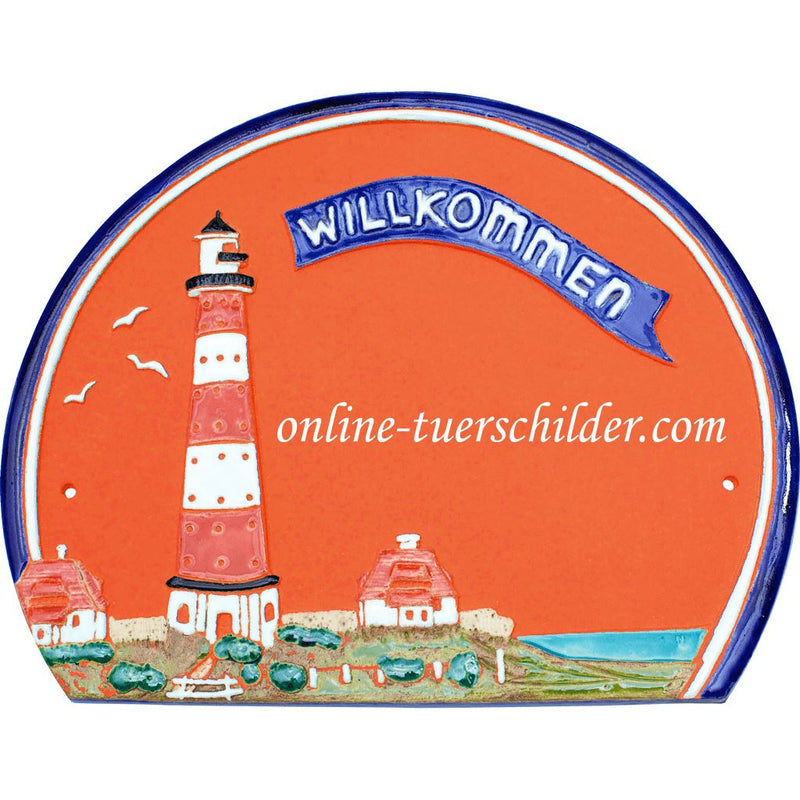 Türschild aus Keramik Großer Leuchtturm und Willkommen personalisiert  Terracotta 