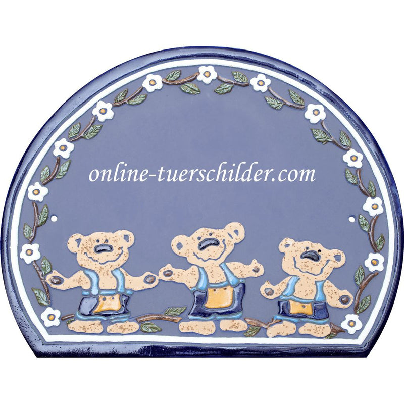 Türschild aus Keramik Drei Teddybären in Latzhosen personalisiert Hellblau 