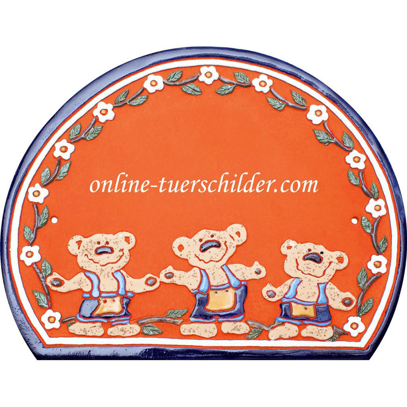 Türschild aus Keramik Drei Teddybären in Latzhosen personalisiert Terracotta 